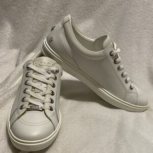 Jimmy Choo Off-White Leather Low-Top Sneakers with Silver Accents
